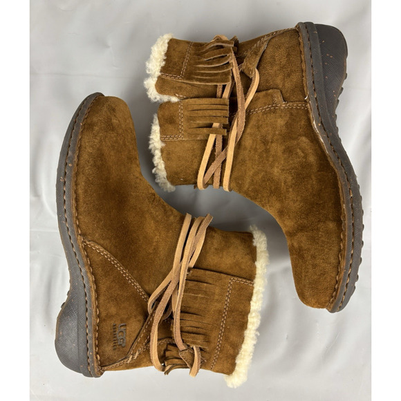 UGG Gaviota Ankle Boots Womens Size 6 EUR 37 Tan Suede Leather Sheepskin Fringe - Picture 10 of 16